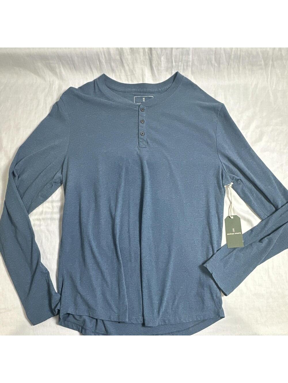 0015 Mutual Weave Men's Solid Blue Knit Long Sleeve Henley T-Shirt, Size L